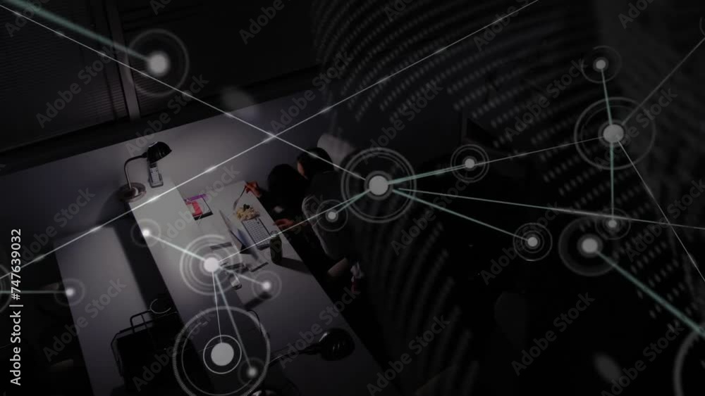 Animation of network of connections and globe over diverse colleagues working in office Animation of network of connections and globe over diverse colleagues working in office