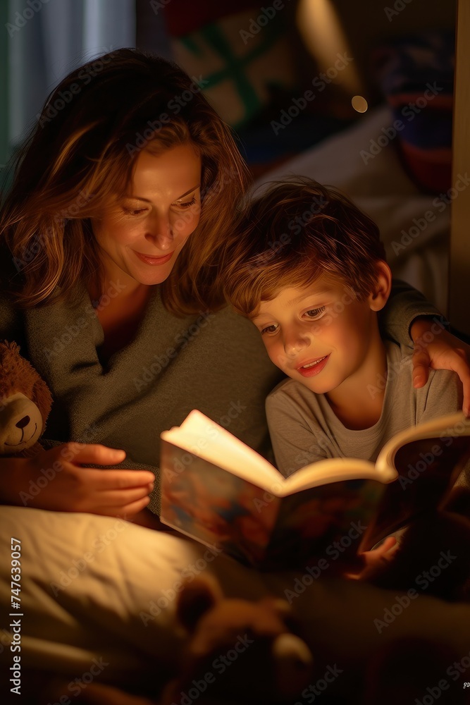 a woman and a child are reading a book together at night a woman and a child are reading a book together at night