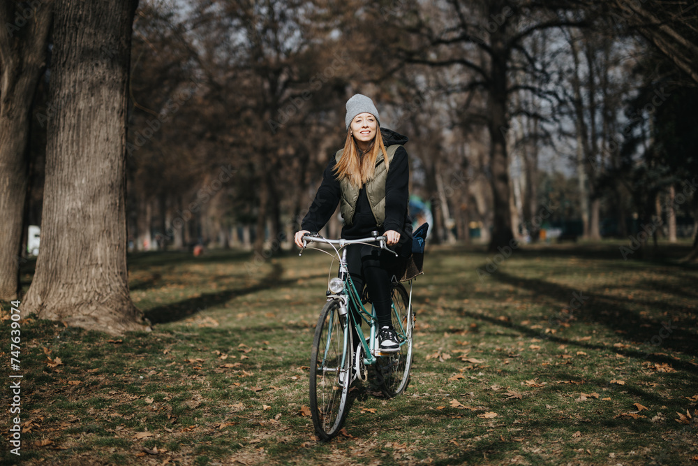 A cheerful young woman wearing a beanie cycles through an autumnal park, surrounded by fallen leaves and tall trees, embodying an active lifestyle.