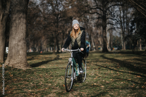 A cheerful young woman wearing a beanie cycles through an autumnal park, surrounded by fallen leaves and tall trees, embodying an active lifestyle.