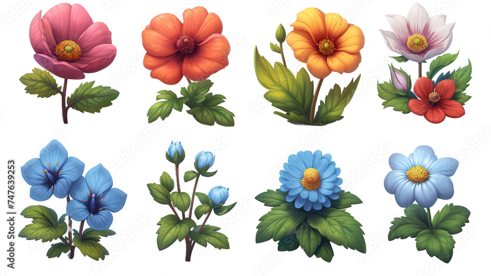 Kolekcja różnych odizolowanych gatunków kwiatów. Kwiaty są różnokolorowe i wydają się świeże i pięknie ułożone z liśćmi. Piękny zestaw - obrazy, fototapety, plakaty 