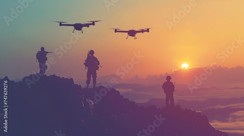 Silhouette of Soldiers using drones scouting during military, Modern army guidance views enemy positions, reconnaissance, smart war field medicine division Hospitallers search wounded on battlefield