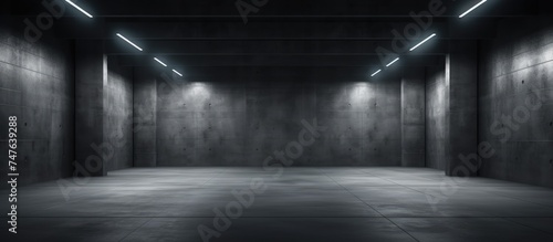 An empty concrete room with a dark ambiance is illuminated by lights on the ceiling  creating a stark and minimalist architectural background. The room appears void of any occupants 