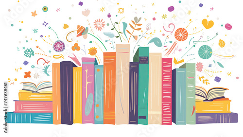 Kilkanaście książek stoją obok siebie w rzędzie oraz leżą na sobie Książki są ułożone równolegle a nad nimi są kolorowe dziecinne szczęśliwe dekoracje