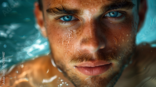 Intense Gaze of a Handsome Male Swimmer, Water Droplets on Skin, Captivating Eyes