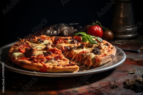 Highly detailed close-up photography of an hearty pizza on a porcelain platter against an aged metal background. AI Generation