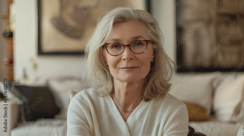 Portrait of a Positive Blonde Senior Woman, Wearing Elegant Stylish Glasses, Looking at the Camera While Sitting on a Sofa Indoors in a Modern Home Apartment Interior Portrait of a Positive Blonde Senior Woman, Wearing Elegant Stylish Glasses, Looking at the Camera While Sitting on a Sofa Indoors in a Modern Home Apartment Interior