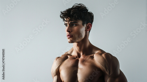 Portrait of a handsome and muscular male model with ripped body showing left profile  and torso with grey background 