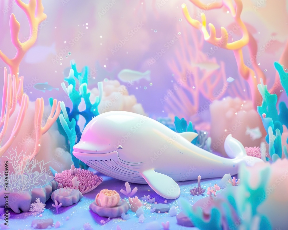 Whimsical 3D pastel whale toys in a magical pastel coral reef setting, echoing the playful spirit of 90s cartoons