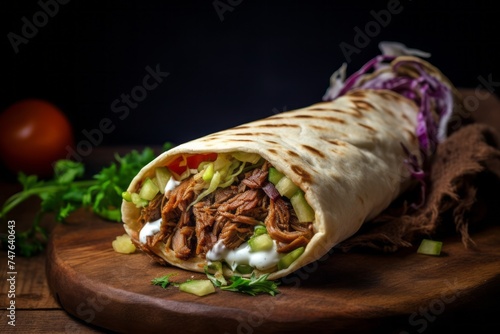 Detailed close-up photography of a tasty shawarma on a ceramic tile against a denim fabric background. AI Generation