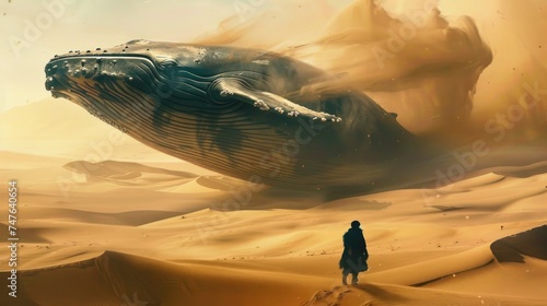 Surrealistic whale wandering through desert dunes, an otherworldly blend of elements