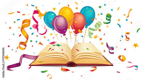 Książka leży otwarta, z której wychodzą kolorowe balony i serpentyny, nadając jej wygląd jak z przyjęcia urodzinowego