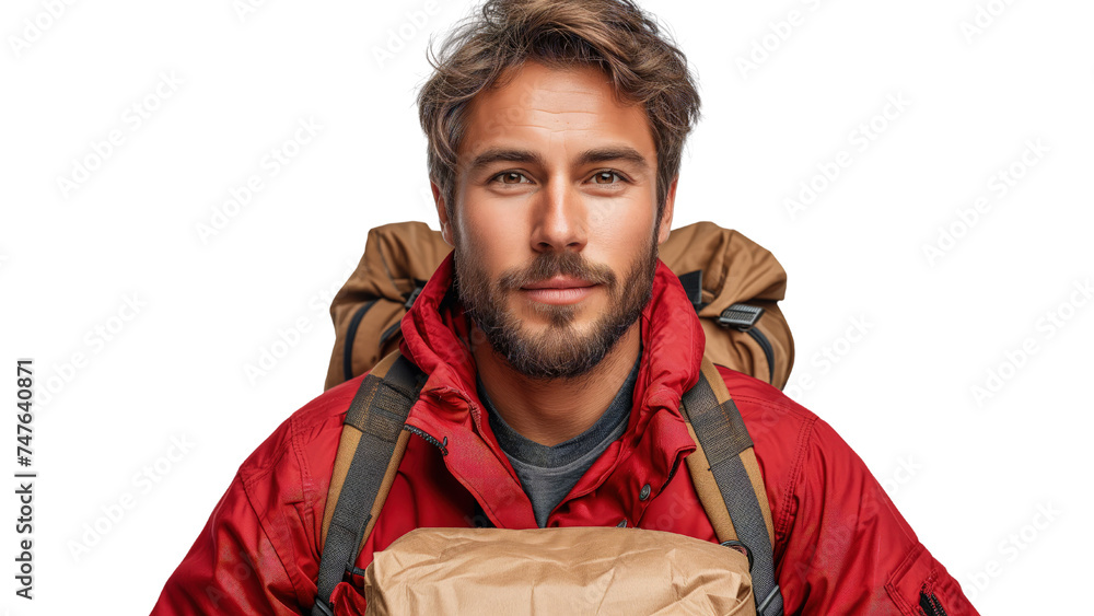Mężczyzna w czerwonej kurtce z plecakiem niesie paczkę - obrazy, fototapety, plakaty 
