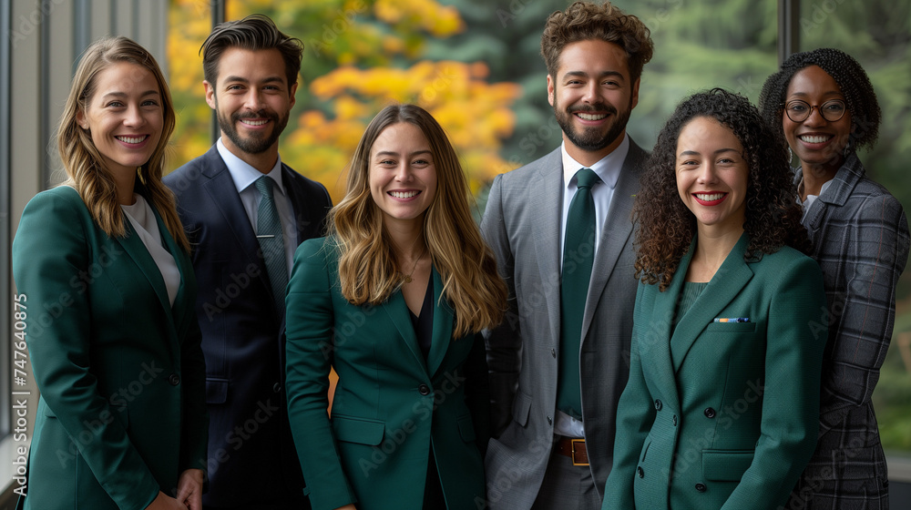 Une équipe de six consultants RSE habillés en vert, acteurs innovants et ambitieux de la transformation sociétale et environnementale des entreprises, diversité en entreprise - obrazy, fototapety, plakaty 