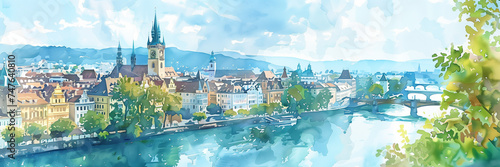 Panoramic watercolor illustration of european cityscape along river. travel concept. vacations concept. Europa, Coimbra, Sevilla, amsterdam, lisboa,... photo