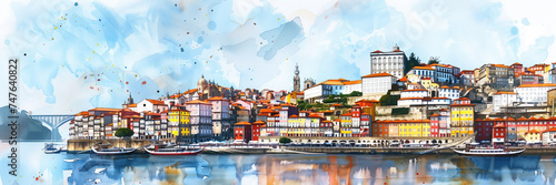 Panoramic watercolor illustration of european cityscape along river. travel concept. vacations concept. Europa, Coimbra, Sevilla, amsterdam, lisboa,...