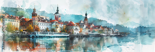 Panoramic watercolor illustration of european cityscape along river. travel concept. vacations concept. Europa, Coimbra, Sevilla, amsterdam, lisboa,...