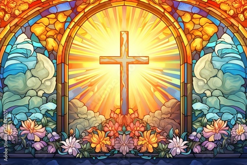stained glass bright windows with the image of a Catholic cross.  Happy Easter concept