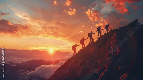 Team of People Holding Hands, Helping Each Other Reach the Mountain