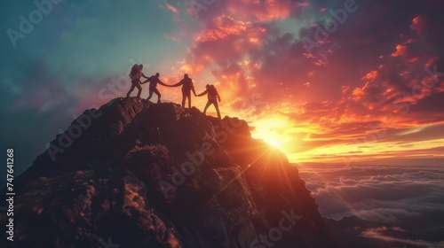 Team of People Holding Hands  Helping Each Other Reach the Mountain