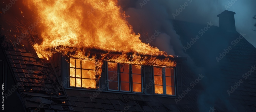 A house on fire sends towering flames bursting out of the windows and trailing along the roof. A house on fire sends towering flames bursting out of the windows and trailing along the roof.