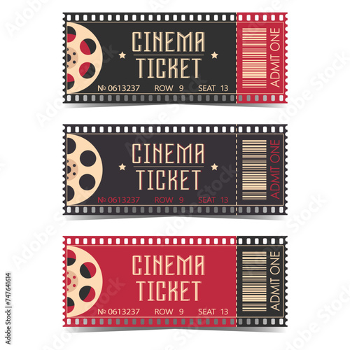 Set of retro cinema tickets. Vector movie theatre vintage illustration. Collection of templates