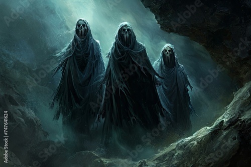 Three spooky skeletal spectral figures looming in a dark cave