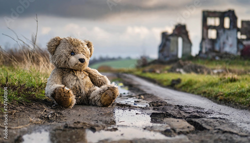 Old childrens teddy bear on road in front of destroyed house ruins photo