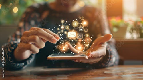 Marketing or news letter concept, Person use smartphone with virtual Email icons for Send bulk documents via email, Direct selling projects in business send by email