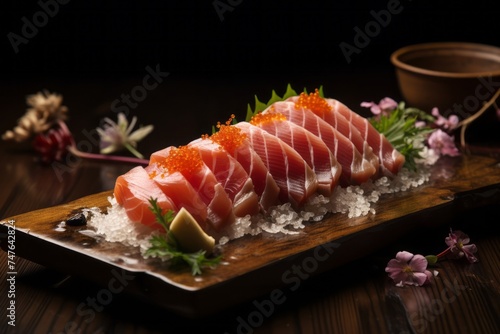 Close-up view photography of an exquisite sashimi on a rustic plate against a kraft paper background. AI Generation