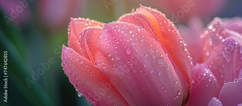 A close-up photograph of a pink tulip with sparkling water droplets on its delicate petals.