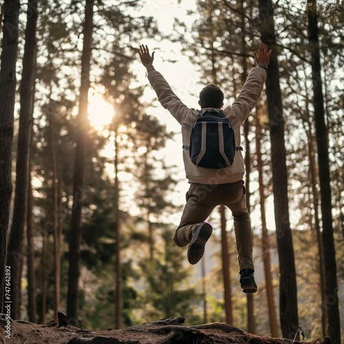 Hiker celebrating success on his journey, man jumping happily with arms up on top of the mountain in the forest