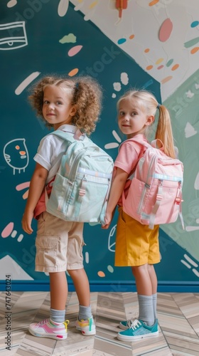 Happy Children Ready for Primary School on the First Day