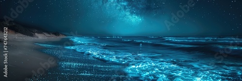 Bird's-Eye View: Bioluminescent Plankton Glowing Along Secluded Island Shoreline Under Starry Sky
