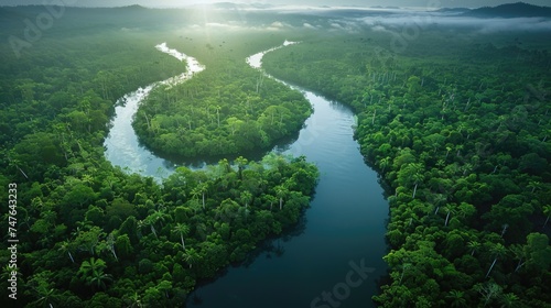 Drone Shot of a Meandering River Through Lush Rainforest: Lifeline Amidst Green Canopy with Sun Rays © Landscape Planet