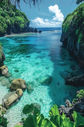 Hidden Tropical Paradise: A Breathtaking Vista of Crystal-Clear Turquoise Lagoon Surrounded by Lush Foliage and Towering Waterfalls from Steep Cliffs