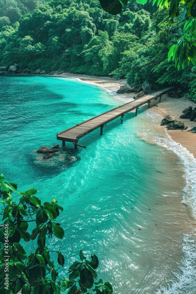 Serene Beachfront: White Sands, Emerald Waters, and a Jungle-Flanked Pier