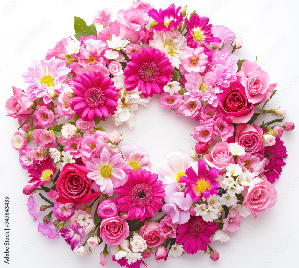 A stunning arrangement of pink and white flowers forming a beautiful wreath, perfect for spring and summer themes. A stunning arrangement of pink and white flowers forming a beautiful wreath, perfect for spring and summer themes.