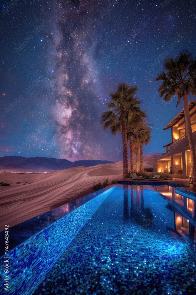 Starlit Desert Oasis: Majestic Sand Dunes and Moonlit Palm Reflections