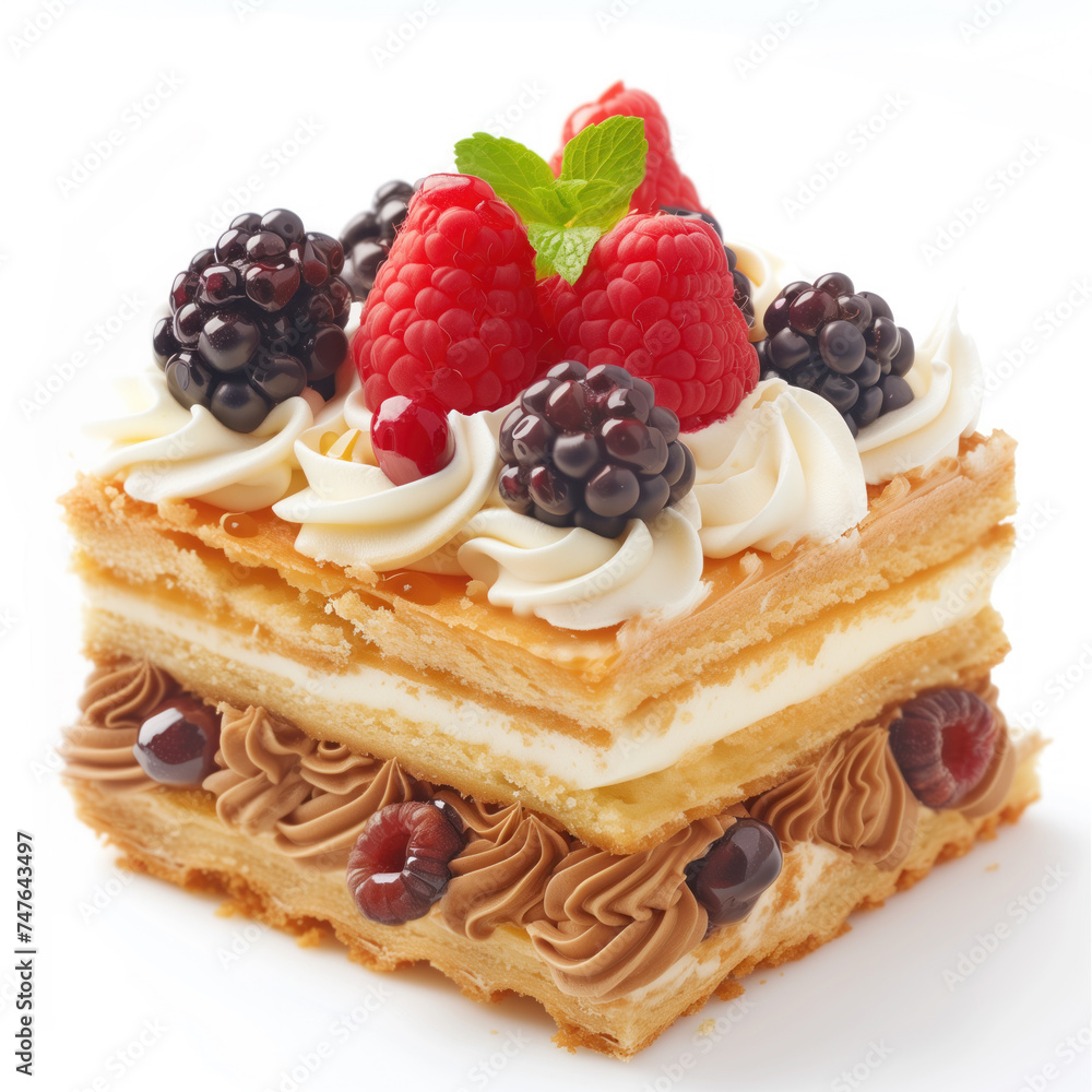 A delectable slice of a napoleon cake adorned with fresh raspberries and blackberries. The cake has a chocolate drizzle and is isolated on a white background. A delectable slice of a napoleon cake adorned with fresh raspberries and blackberries. The cake has a chocolate drizzle and is isolated on a white background.