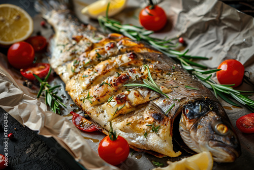 A succulent grilled fish garnished with herbs, surrounded by fresh tomatoes and lemon slices, presented on crumpled parchment paper.