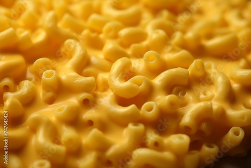 Detailed close-up photography of a juicy macaroni and cheese on a ceramic tile against a kraft paper background. AI Generation