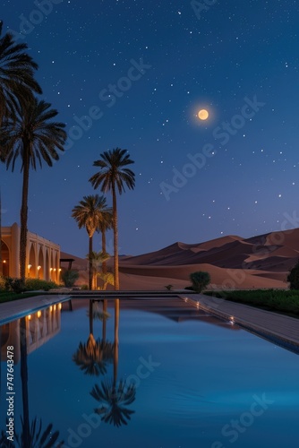 A majestic view of towering sand dunes under a star-filled sky, with an oasis of palm trees and a tranquil pool reflecting the moonlight in the desert