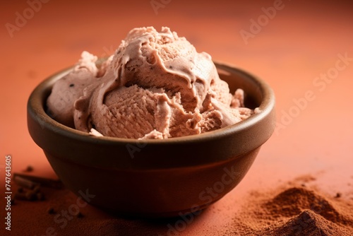 Close-up view photography of an exquisite ice cream in a clay dish against a kraft paper background. AI Generation