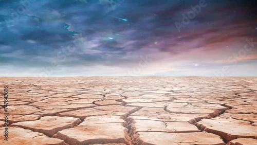 The dry, cracked land is infertile due to the absence of a rainy season, global warming and environmental damage. With a dramatic and aesthetic sky background. Generative Ai