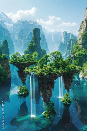 An otherworldly scene of floating islands above a vast, reflective lake, with waterfalls cascading from the islands into the lake and exotic flora covering their surfaces © Landscape Planet