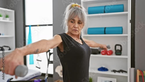 A mature woman with grey hair exercises with dumbbells in a rehabilitation clinic's gym, showcasing determination and health.