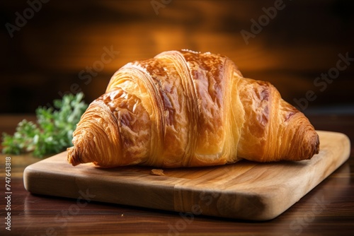 Close-up view photography of a delicious croissant on a wooden board against a kraft paper background. AI Generation