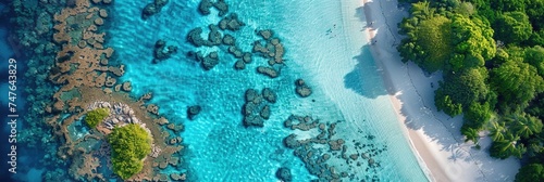 An aerial perspective of a sprawling, vibrant coral reef nestled in crystal-clear waters, with schools of colorful fish visible below and a pristine white sandbank nearby