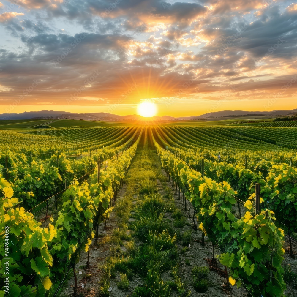 Fototapeta premium Green Vineyard Rows at Sunset in Summer